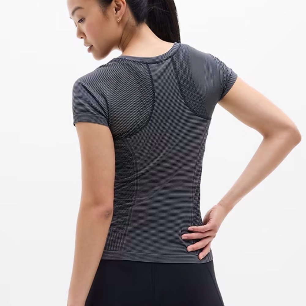 Athleta Striped Charcoal Short Sleeve Tee